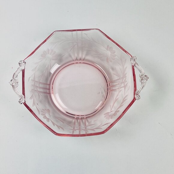 Pink Etched Glass Bowl With Handles Floral Design 10"x4" Elegant Vintage Style - Picture 2 of 5